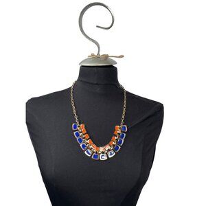 Orange & Blue Statement Necklace With Double Row Square Resin Accents On Gold-To